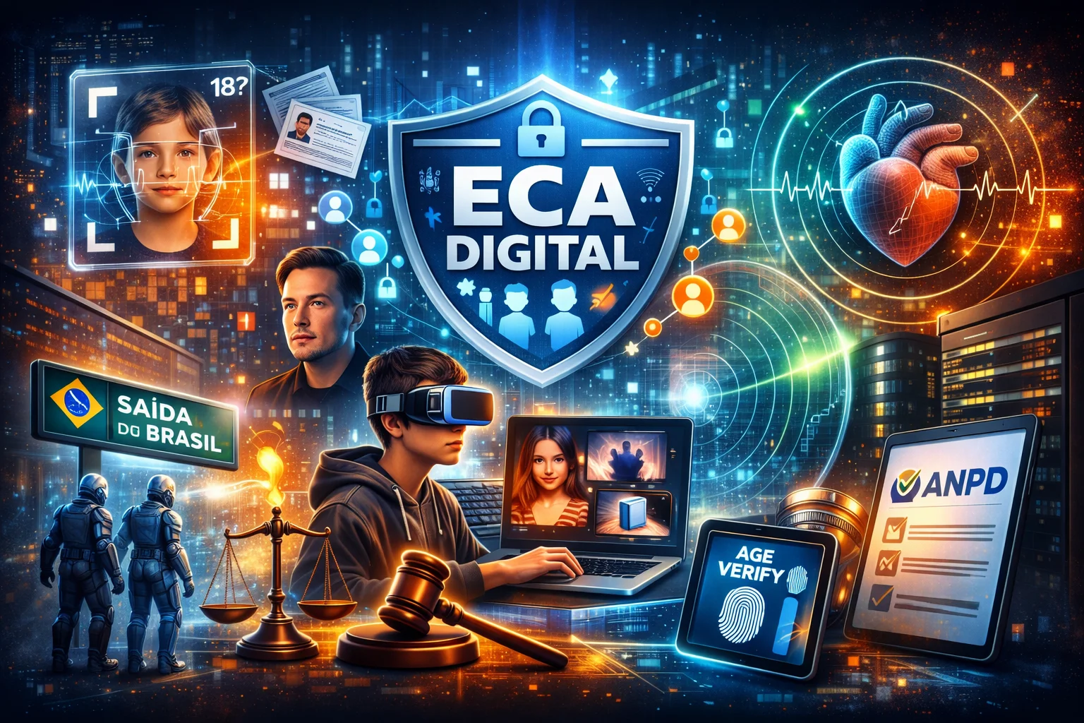 Uma ilustração futurista em formato horizontal que integra os principais temas das notícias da semana: no centro, um escudo digital com o símbolo “ECA Digital”, cercado por elementos tecnológicos como reconhecimento facial para verificação de idade, ícones de privacidade e cadeados. Ao redor, cenas conectadas mostram um adolescente usando realidade virtual e interagindo com inteligência artificial, um coração sendo monitorado por sensores remotos, referências à atuação da ANPD com documentos digitais e, ao fundo, uma cidade tecnológica iluminada, com símbolos que remetem à saída de empresas do Brasil e ao debate regulatório. A composição combina tons neon de azul e laranja, transmitindo inovação, vigilância e transformação digital.