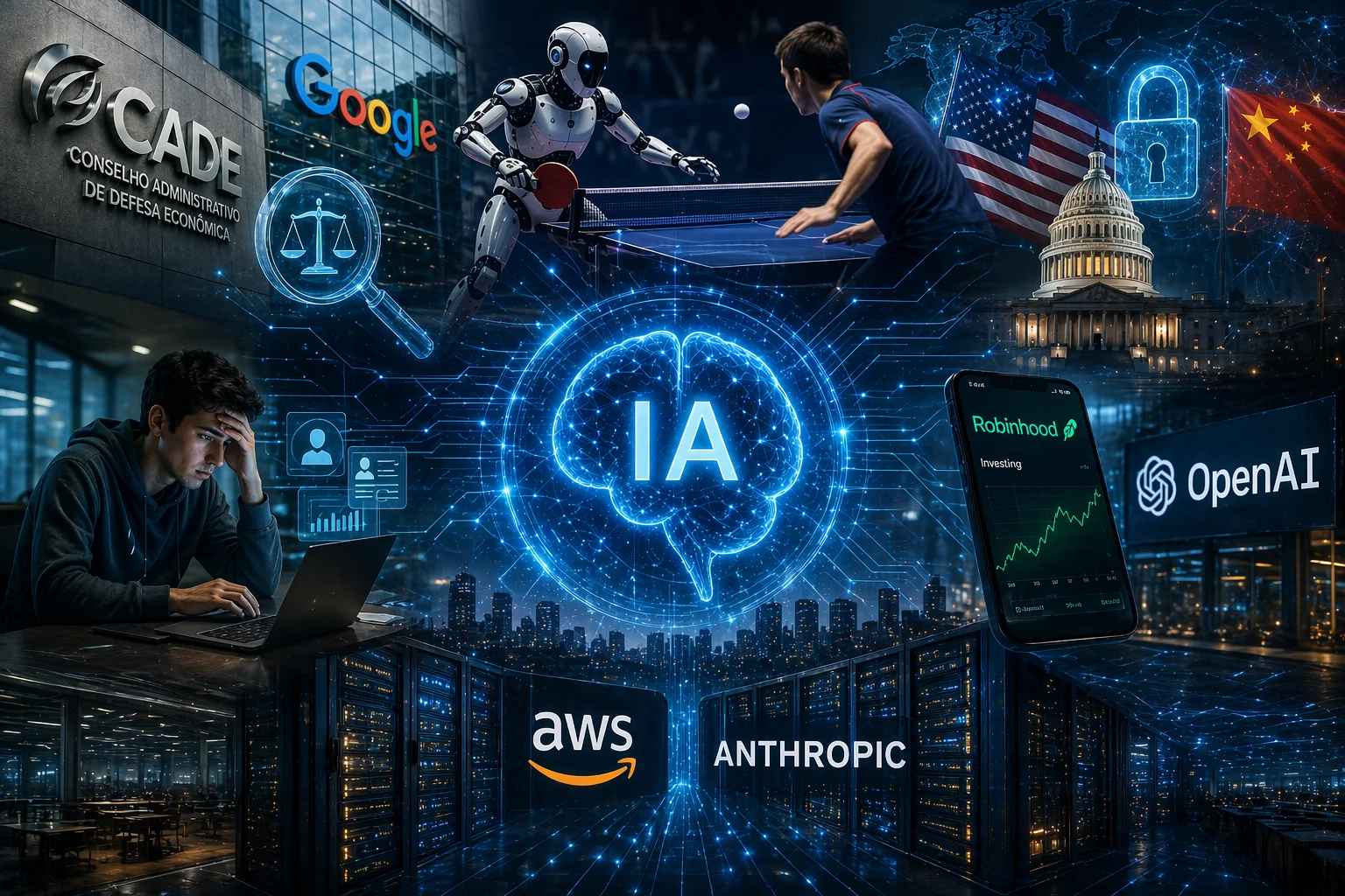 Imagem horizontal futurista e realista que reúne diferentes elementos relacionados à inteligência artificial: no centro, um cérebro digital luminoso representando a IA, conectado por circuitos a diversos cenários. À esquerda, um prédio institucional com referência ao Cade e ao Google, simbolizando regulação tecnológica; abaixo, um jovem trabalhando em um laptop com expressão preocupada, representando o impacto no emprego. No topo central, um robô joga tênis de mesa contra um humano, ilustrando avanços da robótica. À direita, aparecem símbolos dos Estados Unidos e da China com elementos de segurança digital, indicando tensões geopolíticas. Mais abaixo, um smartphone com gráfico financeiro ligado à Robinhood e ao logotipo da OpenAI, representando investimentos em IA. Na base, servidores e data centers com logos da AWS e Anthropic reforçam a infraestrutura tecnológica. O cenário é envolto em tons de azul neon, com estética cyberpunk e atmosfera de alta tecnologia.Imagem horizontal futurista e realista que reúne diferentes elementos relacionados à inteligência artificial: no centro, um cérebro digital luminoso representando a IA, conectado por circuitos a diversos cenários. À esquerda, um prédio institucional com referência ao Cade e ao Google, simbolizando regulação tecnológica; abaixo, um jovem trabalhando em um laptop com expressão preocupada, representando o impacto no emprego. No topo central, um robô joga tênis de mesa contra um humano, ilustrando avanços da robótica. À direita, aparecem símbolos dos Estados Unidos e da China com elementos de segurança digital, indicando tensões geopolíticas. Mais abaixo, um smartphone com gráfico financeiro ligado à Robinhood e ao logotipo da OpenAI, representando investimentos em IA. Na base, servidores e data centers com logos da AWS e Anthropic reforçam a infraestrutura tecnológica. O cenário é envolto em tons de azul neon, com estética cyberpunk e atmosfera de alta tecnologia.