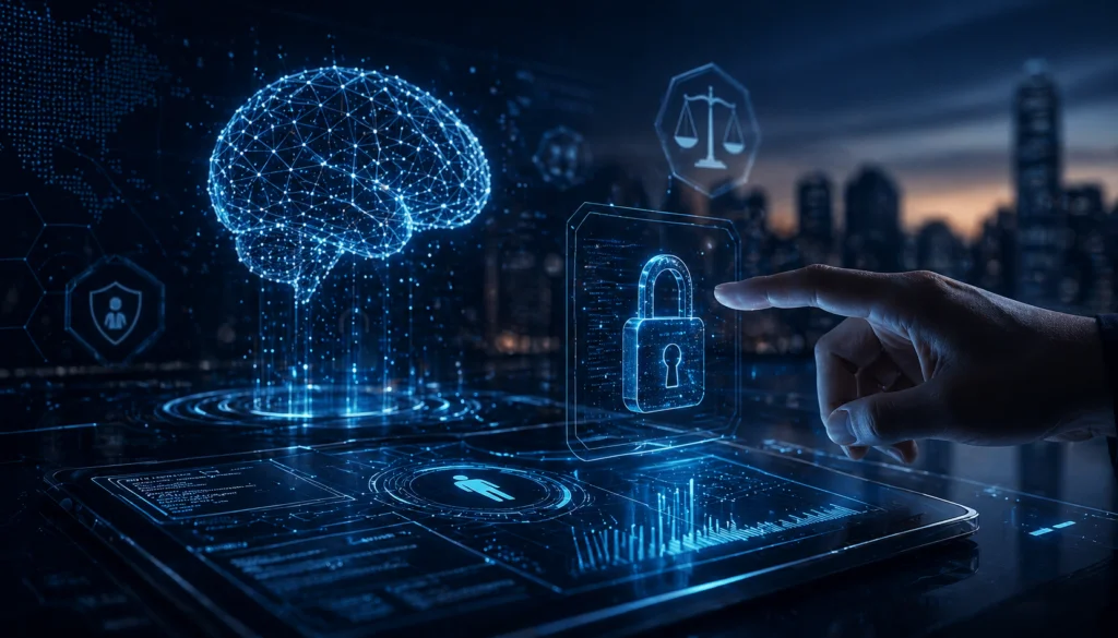 Imagem futurista em formato horizontal mostrando um ambiente tecnológico avançado: um cérebro digital holográfico representando inteligência artificial flutua sobre uma interface interativa, enquanto uma mão humana toca um painel com ícone de cadeado, simbolizando segurança e proteção de dados. Ao fundo, uma cidade moderna desfocada com iluminação azul cria uma atmosfera high-tech, com elementos visuais que remetem à privacidade, governança e uso responsável da tecnologia.