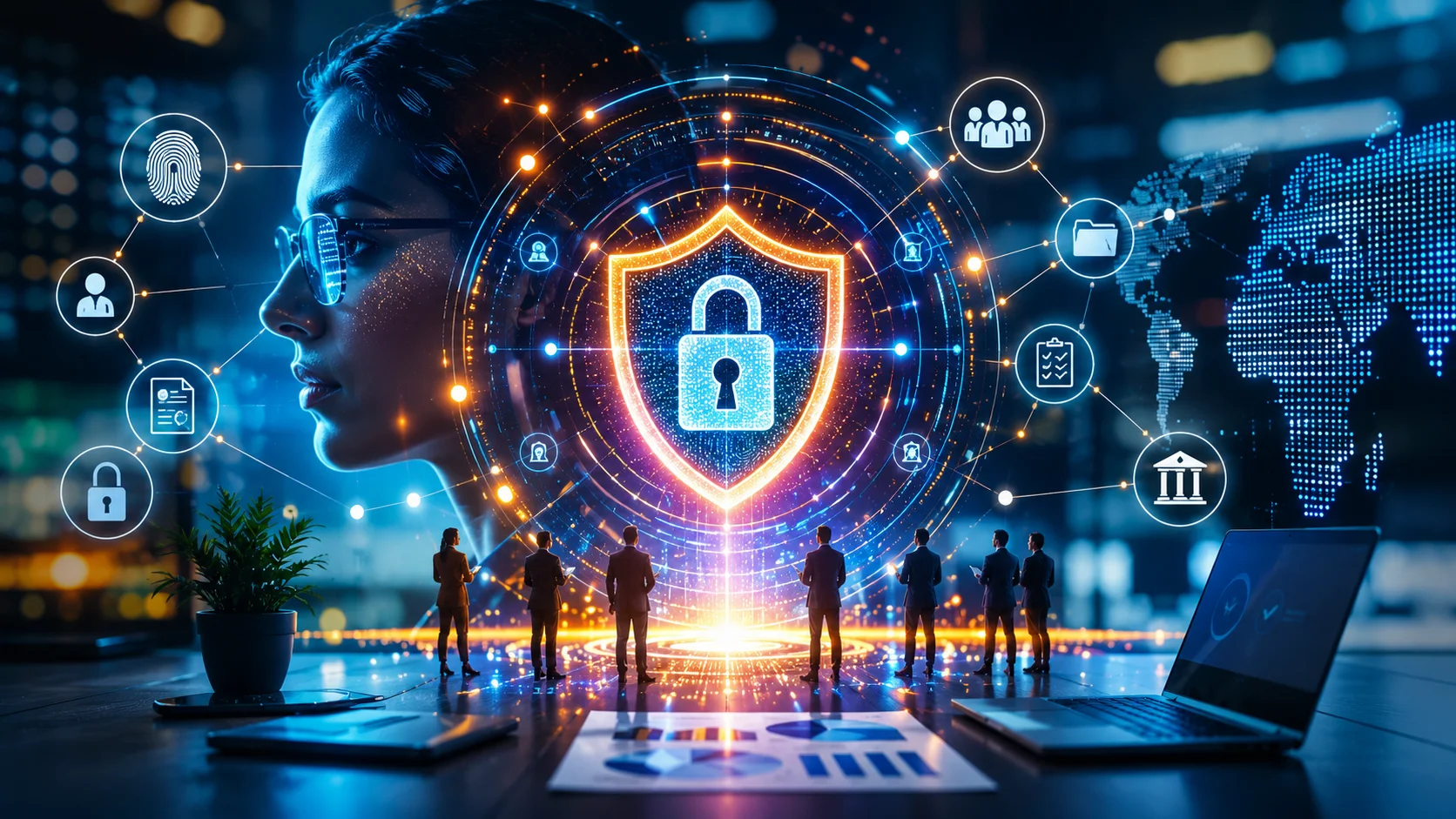 Ilustração futurista e realista em formato horizontal representando a cultura de proteção de dados no ambiente corporativo. Ao centro, um grande escudo holográfico luminoso simboliza segurança e privacidade digital, cercado por conexões tecnológicas e elementos gráficos em neon azul e laranja. Ao redor, profissionais observam a estrutura digital em um ambiente corporativo moderno, enquanto ícones de segurança, governança e dados conectam-se em uma rede visual dinâmica. Ao fundo, um mapa-múndi digital e luzes vibrantes reforçam a ideia de transformação digital, inteligência artificial e proteção de dados em escala global.