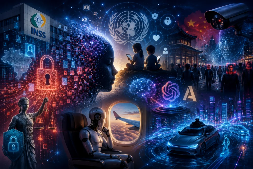 Ilustração futurista em formato horizontal que reúne diversos temas relacionados à tecnologia, privacidade e inteligência artificial.