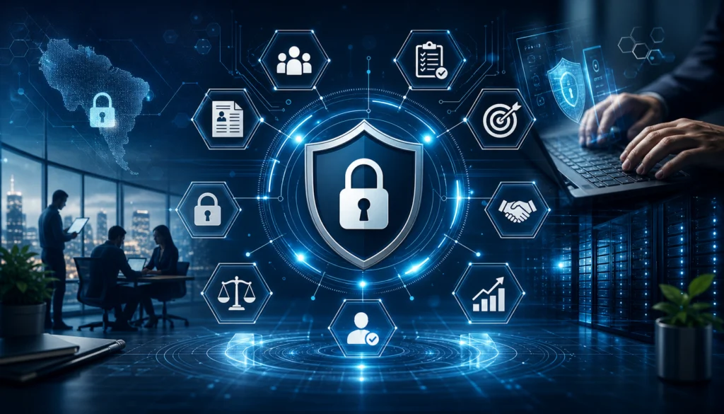 Imagem horizontal com estética futurista em tons de azul, representando segurança da informação e proteção de dados. No centro, há um escudo digital com um cadeado, simbolizando segurança e privacidade. Ao redor, elementos gráficos como ícones tecnológicos, conexões em rede e circuitos digitais indicam fluxo de dados e integração de sistemas. Ao fundo, aparecem ambientes corporativos modernos e servidores, reforçando o contexto empresarial e tecnológico, sem presença de textos.