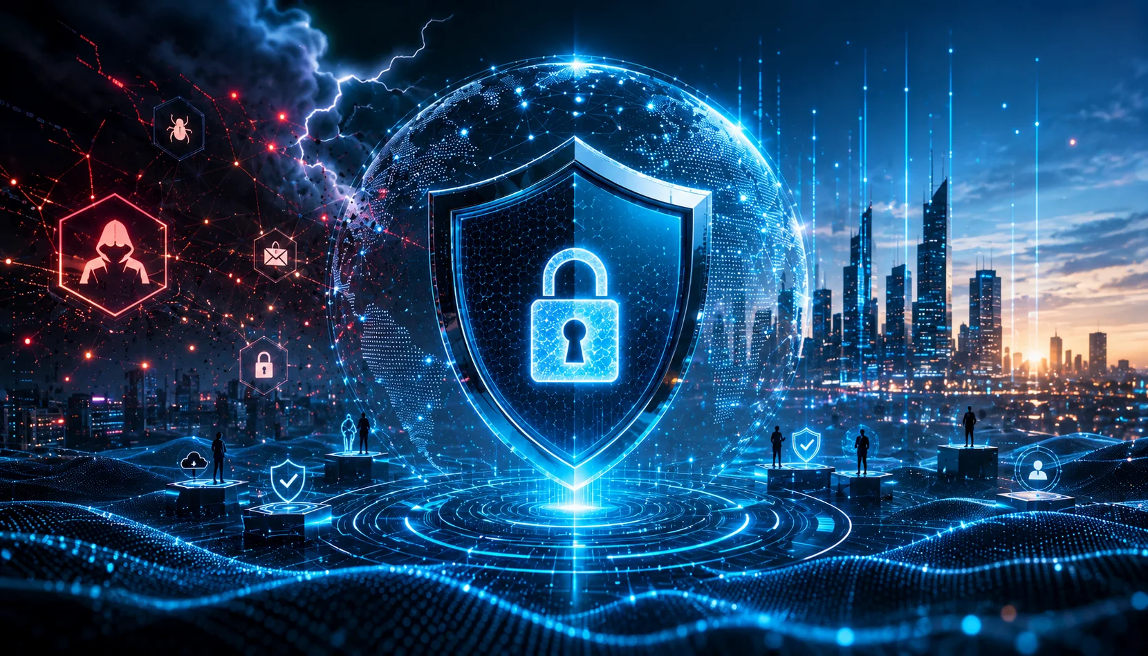 Imagem futurista representando cibersegurança e resiliência digital, com ecossistema tecnológico protegido contra ameaças cibernéticas, destacando governança, proteção de dados, gestão de riscos e continuidade dos negócios na era digital.