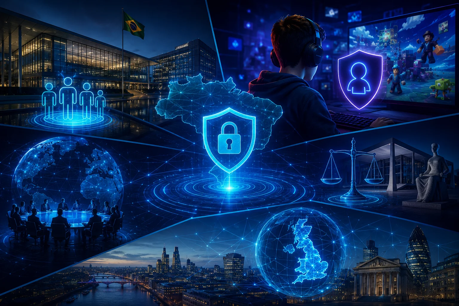 Ilustração futurista em formato horizontal representando proteção de dados, privacidade digital e regulação tecnológica. A composição reúne elementos de cibersegurança, governança digital, proteção de menores em ambientes online, cooperação internacional e responsabilização de plataformas digitais, com destaque para um escudo digital central conectado a redes globais, ambientes virtuais, instituições reguladoras e centros de decisão, em uma estética tecnológica moderna e sem texto.