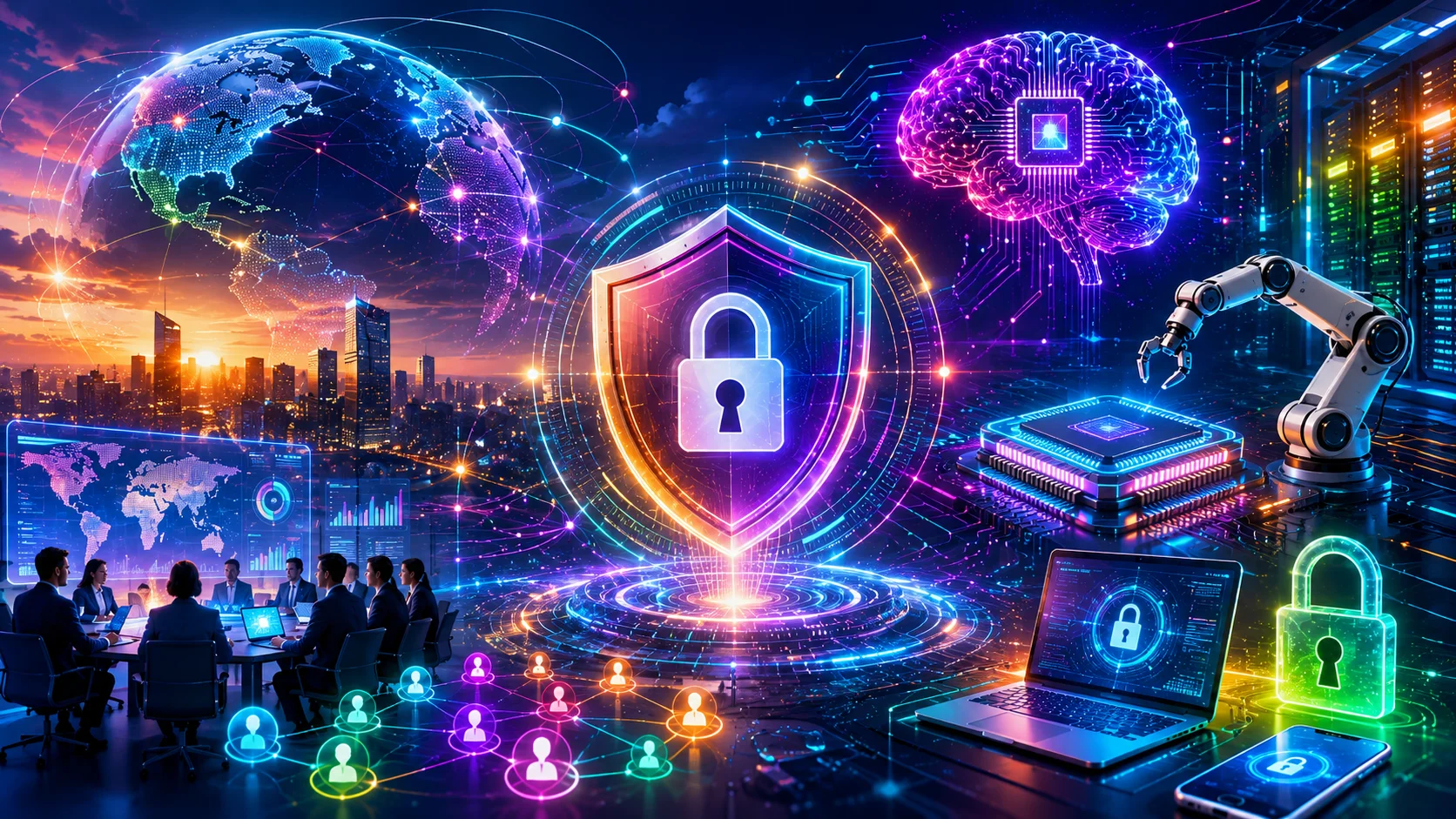 Ilustração futurista em formato horizontal representando a convergência entre inteligência artificial, proteção de dados, cibersegurança e governança digital. A imagem apresenta um ecossistema tecnológico vibrante, com chips de IA, redes globais, infraestrutura digital, centros de dados e elementos holográficos em tons de azul, roxo, magenta, verde e laranja, simbolizando a inovação, a conectividade e os desafios da segurança da informação na era da inteligência artificial.