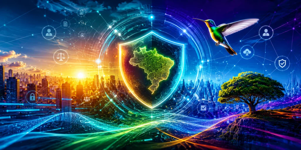 Imagem futurista em formato horizontal representando a fiscalização da ANPD, a governança digital e a proteção de dados no Brasil. Um escudo tecnológico envolve o mapa do país, cercado por elementos de inteligência artificial, segurança da informação, redes digitais e inovação, simbolizando conformidade com a LGPD, gestão de riscos e transformação digital em um cenário corporativo moderno.