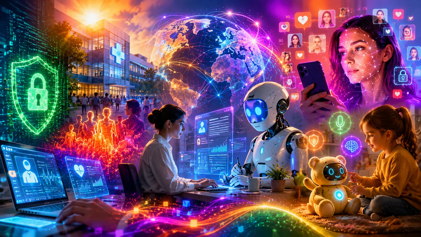 Ilustração futurista em formato horizontal representando os principais temas da semana em privacidade e tecnologia: inteligência artificial, proteção de dados, segurança cibernética, saúde digital, redes sociais, deepfakes e proteção de crianças. A imagem reúne elementos tecnológicos, interfaces holográficas, robôs, conexões digitais e um ambiente vibrante com cores neon, simbolizando a evolução da IA e os desafios da governança e da privacidade no mundo digital.