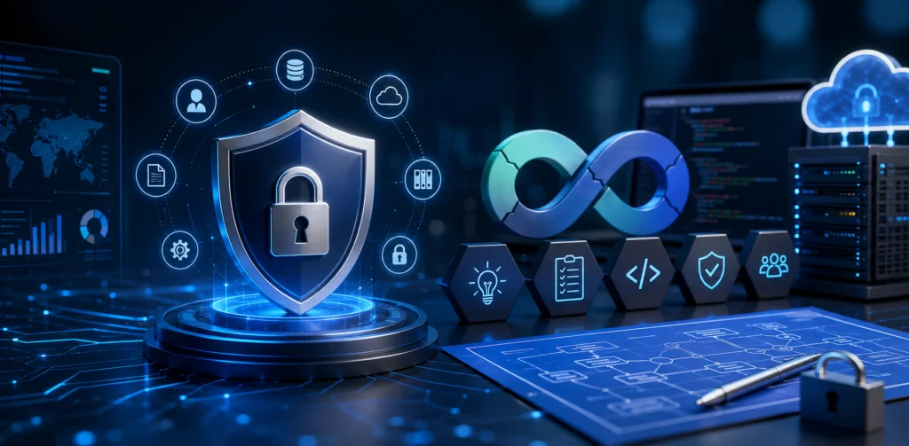 Ilustração futurista representando a Privacidade por Design, com elementos de segurança cibernética, proteção de dados, governança digital, desenvolvimento seguro e fluxos de processos integrados. A imagem simboliza a incorporação da privacidade desde a concepção de produtos e serviços, evidenciando conformidade com a LGPD, gestão de riscos, inovação tecnológica e segurança da informação em um ambiente corporativo moderno.