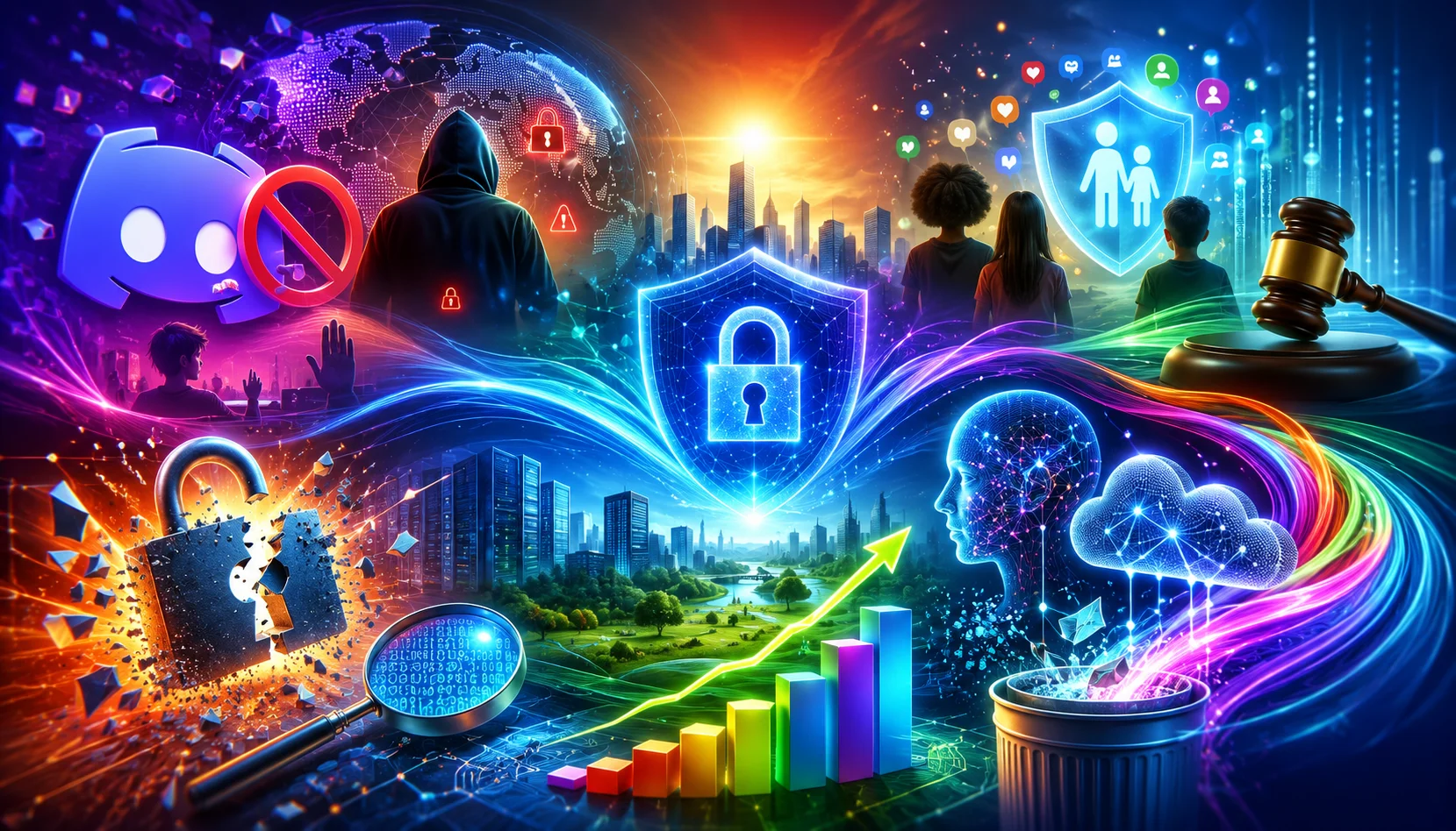 Ilustração futurista e colorida sobre as notícias da semana, reunindo símbolos de proteção de dados, inteligência artificial, cibersegurança e regulação digital. A imagem apresenta um escudo com cadeado ao centro, ataques hackers, proteção de crianças no ambiente digital, inteligência artificial, armazenamento em nuvem, exclusão de dados e gráficos de crescimento, representando os principais desafios e oportunidades da transformação digital.