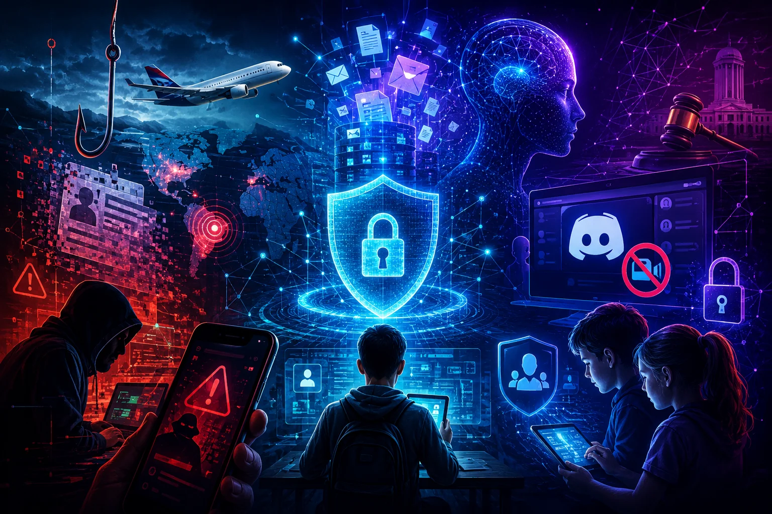 Imagem futurista sobre privacidade, proteção de dados e segurança digital, com escudo e cadeado holográficos ao centro, inteligência artificial, avião, alertas de golpes virtuais, ciberataques e jovens utilizando dispositivos digitais, representando os principais temas das notícias da semana.