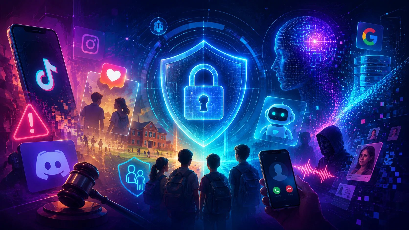 Ilustração futurista sobre privacidade e proteção de dados, reunindo inteligência artificial, segurança digital, redes sociais, proteção de crianças e adolescentes e combate a fraudes em um ambiente tecnológico de cores vivas.