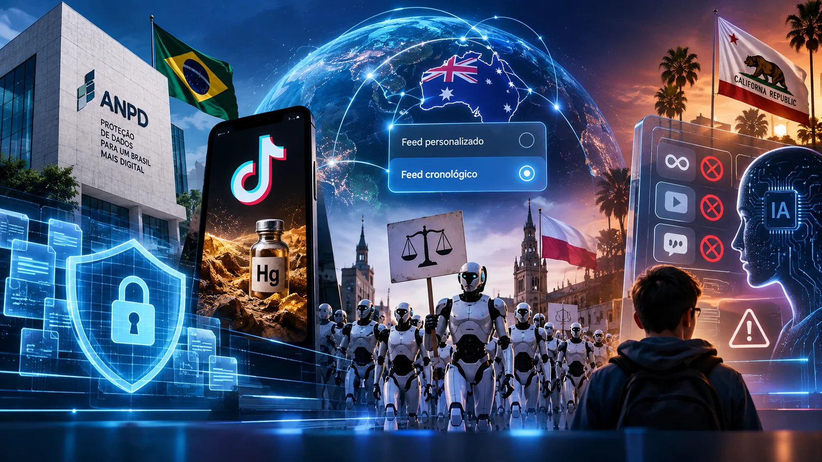 Imagem futurista representa os principais temas da semana em privacidade e tecnologia, conectando fiscalização da ANPD, responsabilidade das plataformas digitais, transparência algorítmica, inteligência artificial, automação e proteção de crianças e adolescentes no ambiente digital.