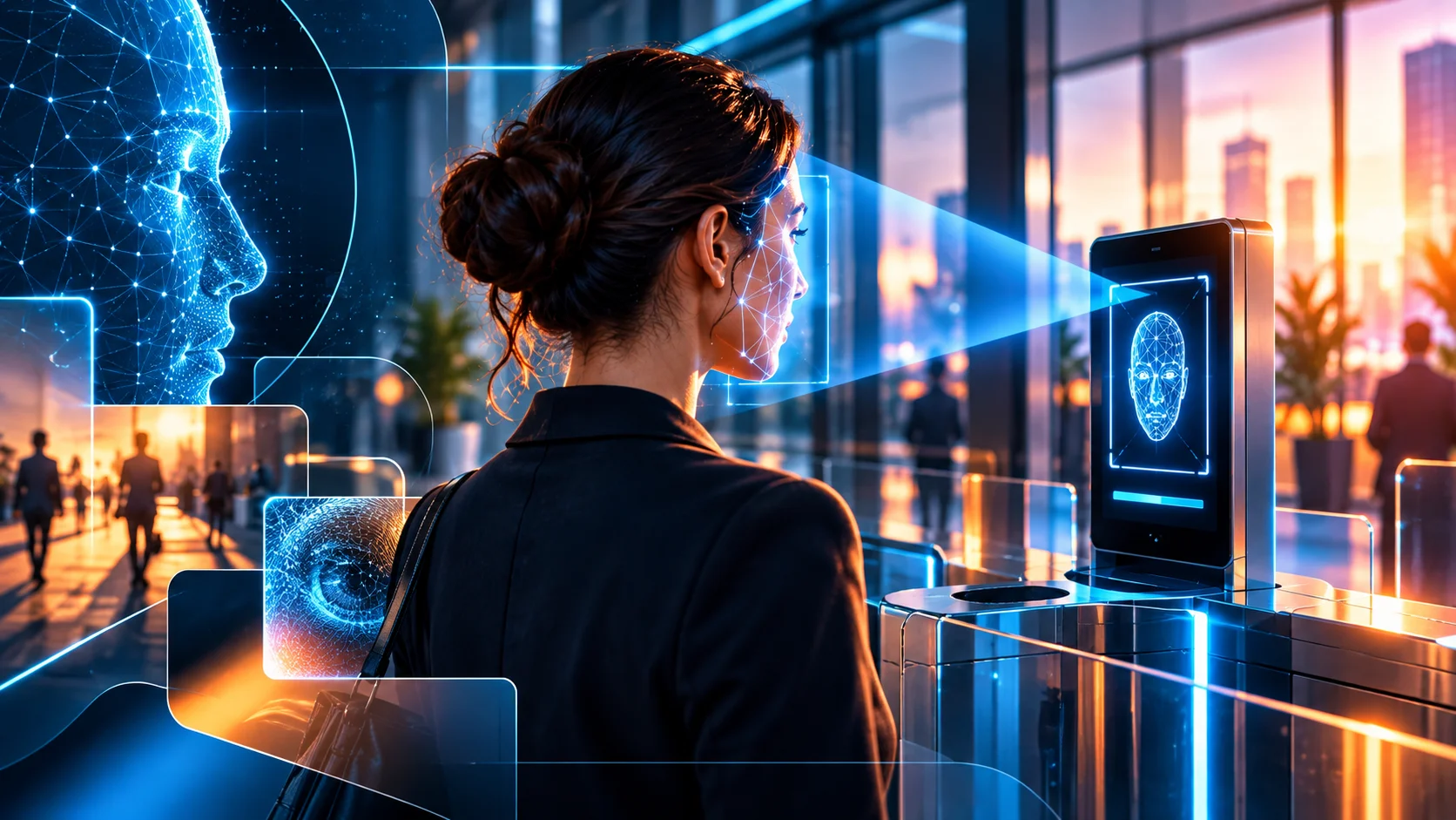 Ambiente corporativo futurista com sistema de reconhecimento facial e elementos digitais representando biometria, segurança, tecnologia e proteção de dados no ambiente de trabalho.