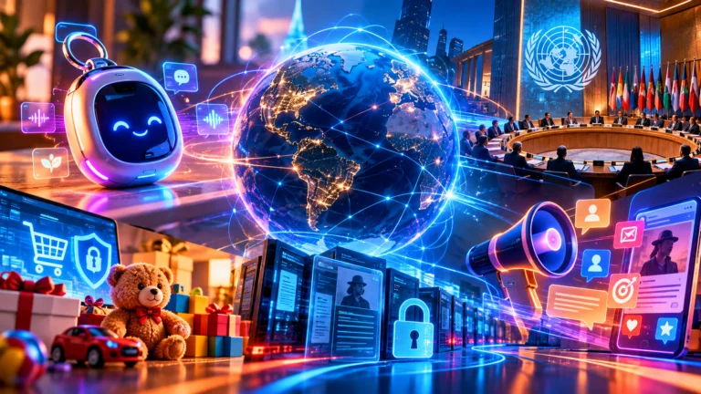 Ilustração futurista e colorida reúne inteligência artificial, segurança digital, proteção de dados, comércio eletrônico e governança global em um ambiente tecnológico conectado.