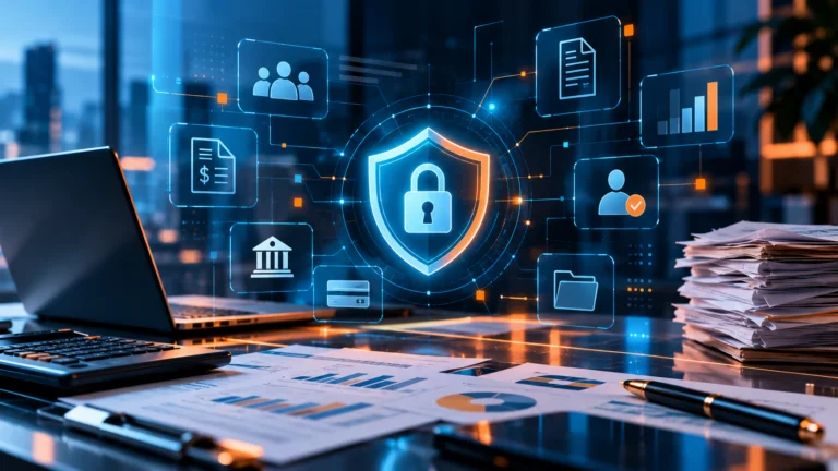 Ambiente financeiro futurista com notebook, documentos e gráficos, integrado a elementos digitais de segurança, proteção de dados e controle de acesso, representando a aplicação da LGPD às rotinas financeiras e contábeis.