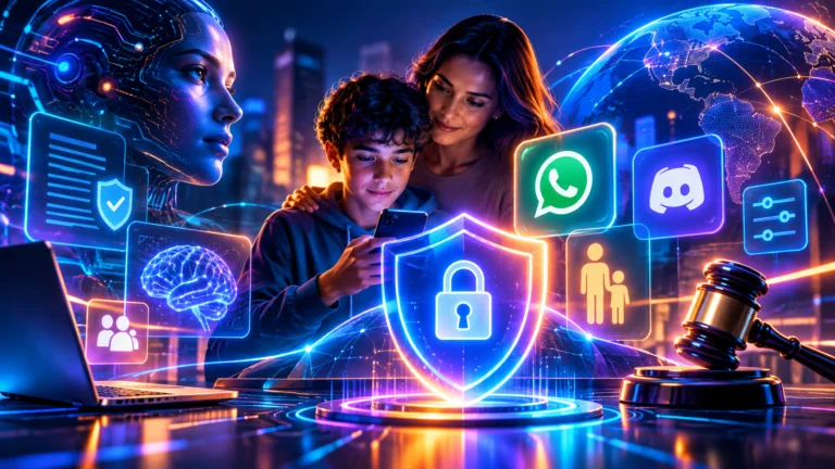 Imagem futurista sobre privacidade e segurança digital, reunindo inteligência artificial, proteção de crianças e adolescentes, controles parentais, governança tecnológica e proteção de dados em um ambiente conectado.