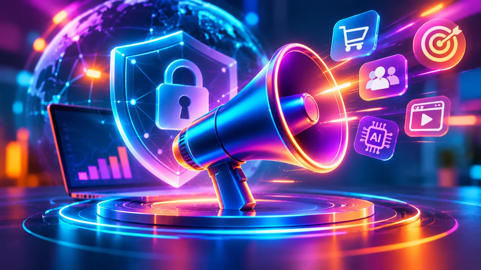 Imagem futurista sobre LGPD no Marketing, destacando publicidade digital, inteligência artificial, personalização de campanhas e proteção de dados pessoais.